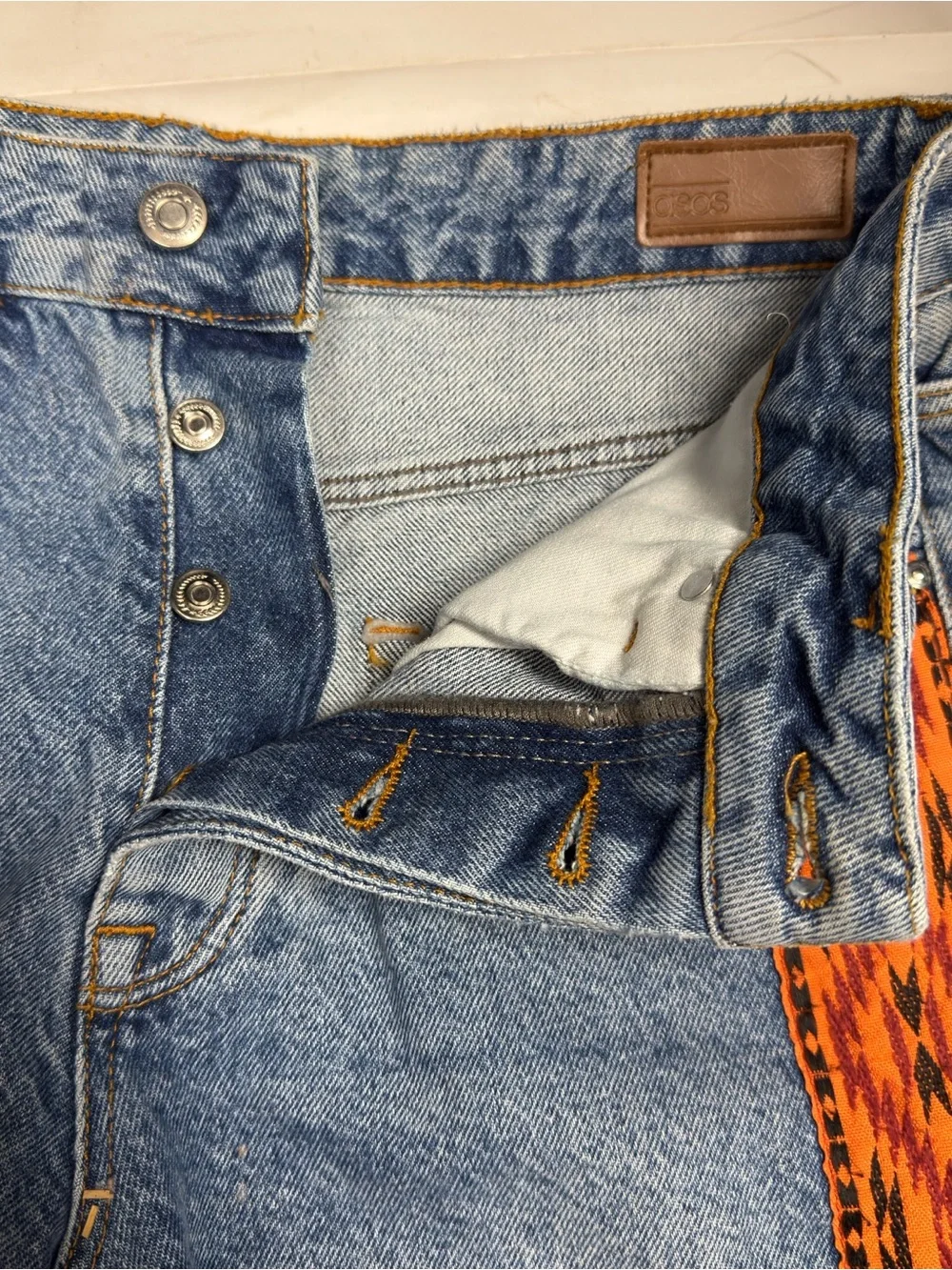 ASOS Denim Long Baggy Shorts Orange Embroidered Trim Y2K Waist 30